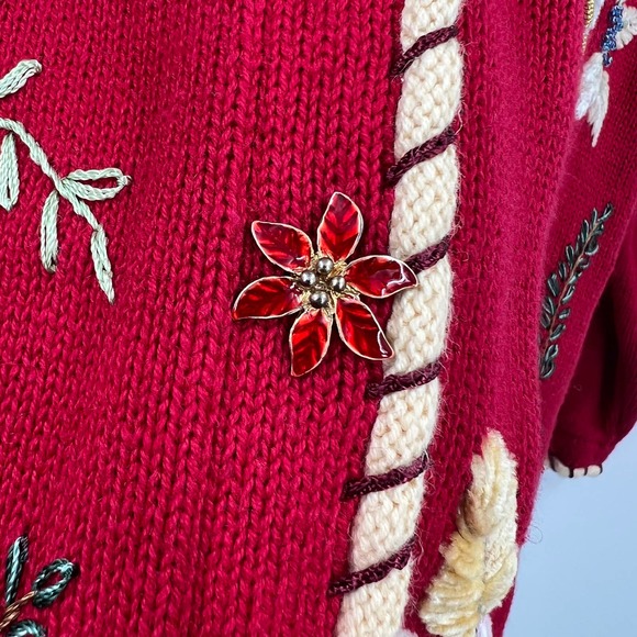Vintage Storybrook Knits Long Sweater Cardigan Embroidered Poinsettia Large - Picture 4 of 10